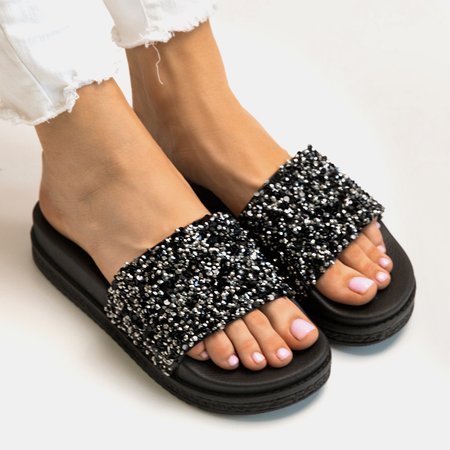 Black women's slippers with cubic zirconia Aisidora - Footwear