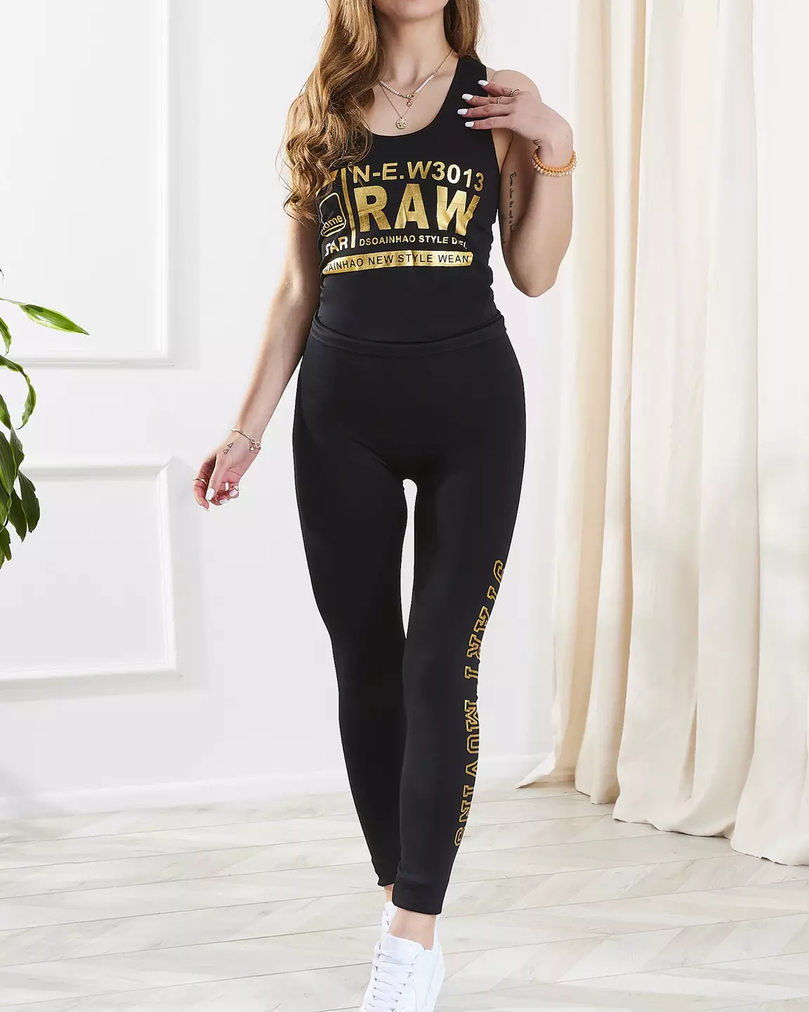 Black women's sports set with gold lettering 3013- Clothing