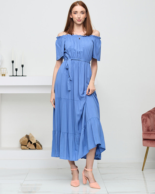 Blue women's midi dress with open back - Clothing