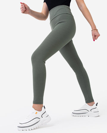 Dark green ribbed high waisted leggings for women - Clothing