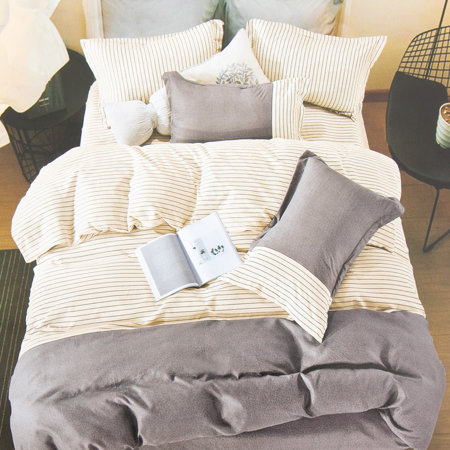 Green - beige cotton linen 200x220 striped set 4-PIECES - Bed linen