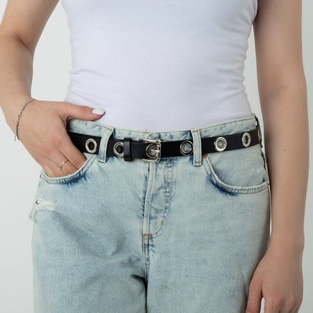 Ladies' black belt with silver eyelets - Accessories