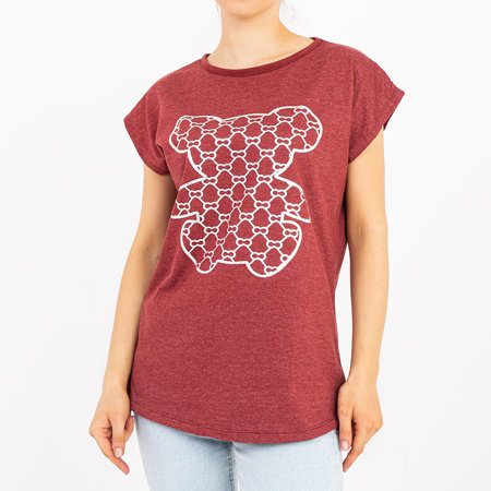 Maroon women's t-shirt with a silver print - Clothing