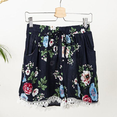 Navy blue women's floral cotton short shorts - Clothing