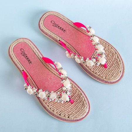 Neon pink women's flip-flops with Jefis decoration - Footwear