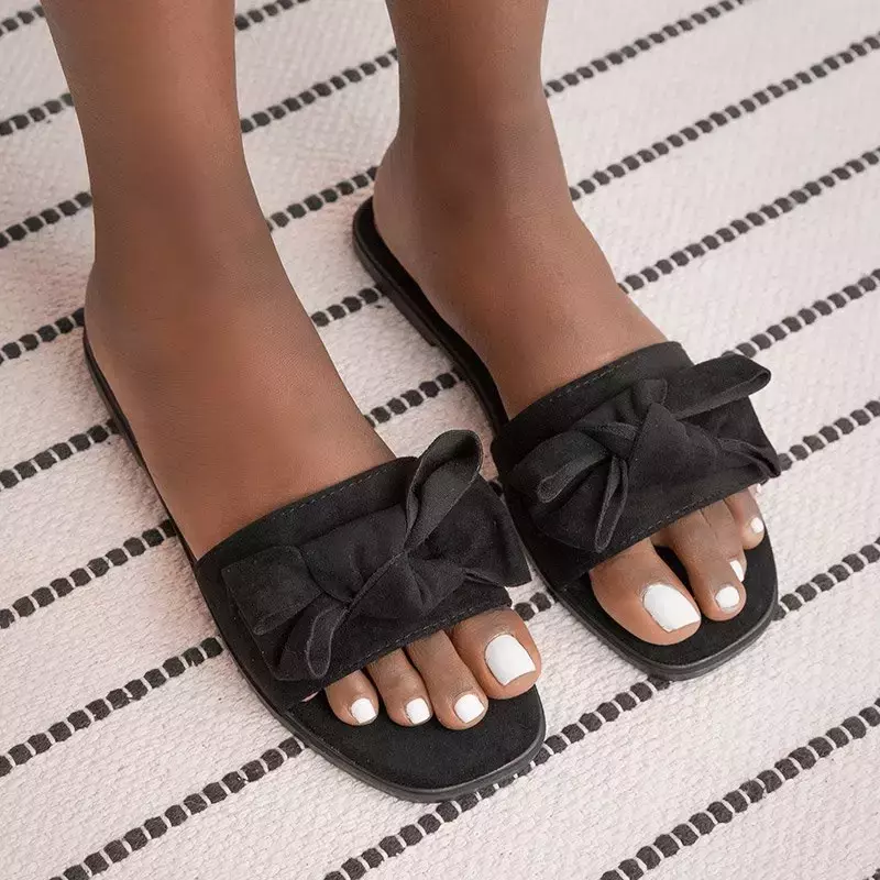 OUTLET Black women's slippers with a Bonjour bow - Footwear