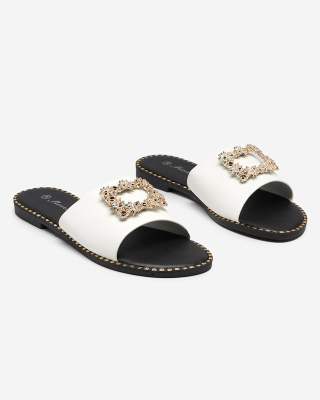 OUTLET White elegant women's slippers with golden ornament Meriso - Footwear
