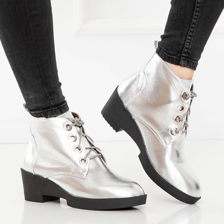 Silver women's lace-up boots with a flat heel Tivera - Footwear
