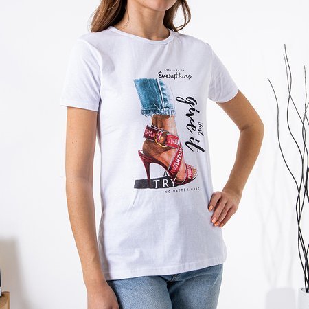 Women's white cotton t-shirt with print - Clothing