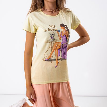 Yellow women's cotton T-shirt with colorful print and lettering - Clothing