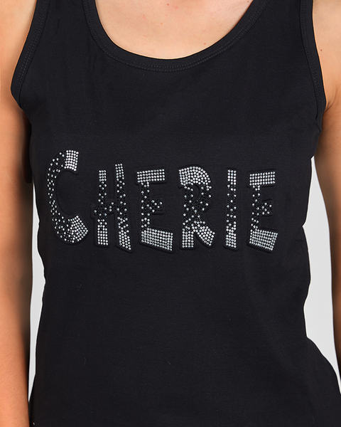 Black ladies top with inscription and cubic zirconia - Clothing