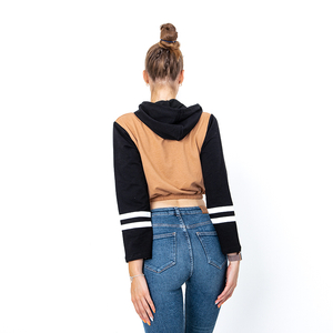 Brown women's crop top with hood and lettering - Clothing