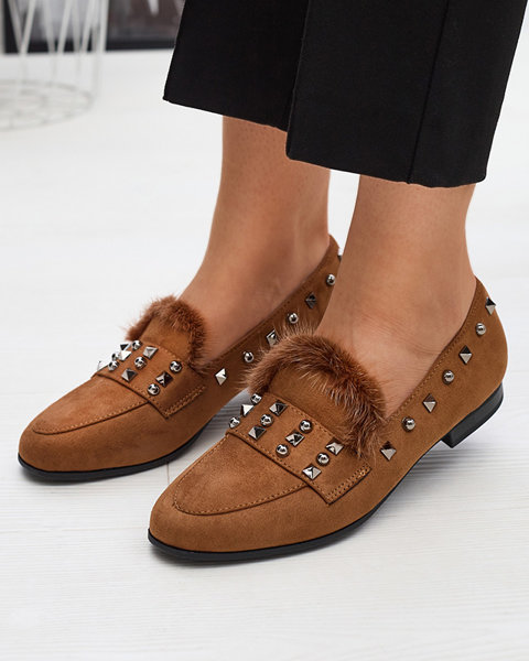 Camel women's loafers with rhinestones and fur Nerrov- Shoes