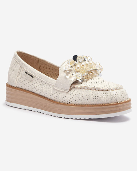 Cream women's moccasins with decorative crystals Liscutio- Footwear