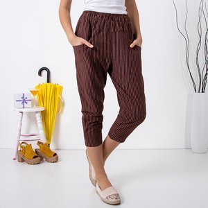Dark brown women's 3/4 length striped trousers - Clothing