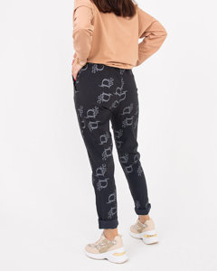 Dark gray women's fabric pants with inscriptions - Clothing