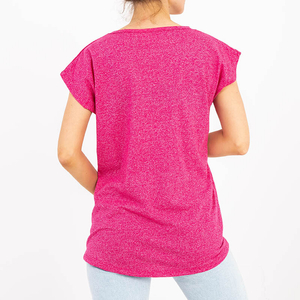 Dark pink women's t-shirt with a golden print - Clothing