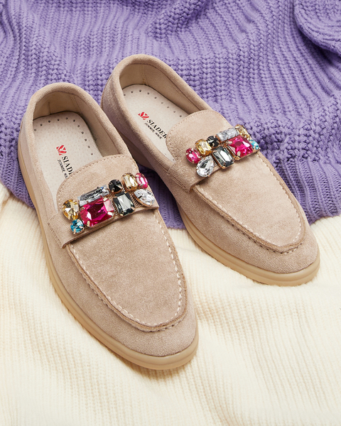 Eco suede light brown women's moccasins with decorative crystals Nellens- Footwear