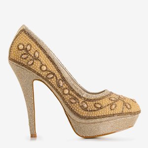 Gold women's high heels with cubic zirconia and Sima pearls - Footwear