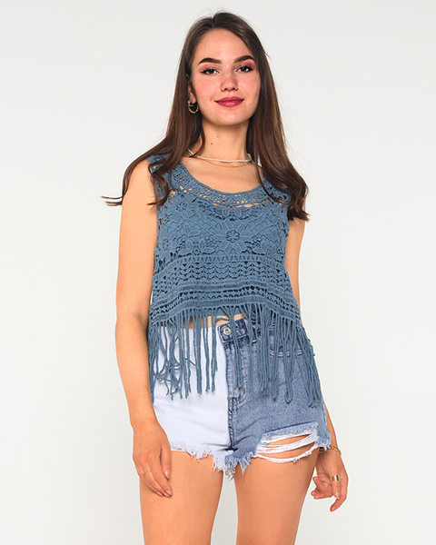 Gray and blue women's lace crop top blouse - Clothing