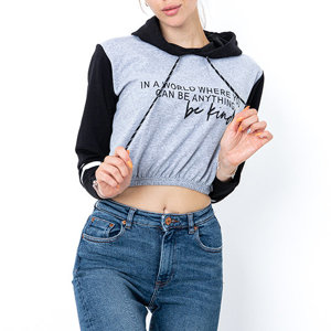 Gray women's crop-top hooded sweatshirt with inscriptions - Clothing