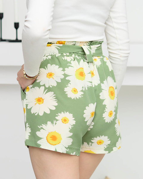 Green patterned women's fabric floral shorts - Clothing