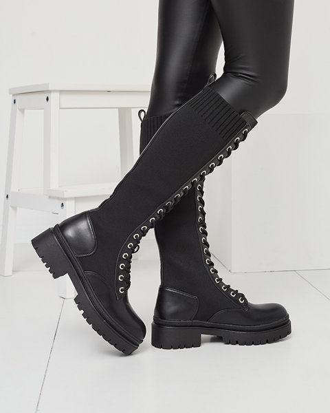 Lace-up women's knee-high boots in black Traddid- Footwear