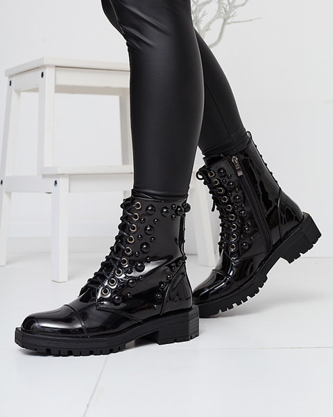 Lacquered black boots for women eco leather with pearls Wasso - Footwear