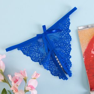 Ladies' blue thong with lace and ornaments - Underwear