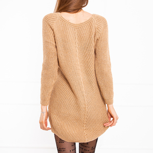 Light brown women's tunic-type sweater with a necklace - Clothing