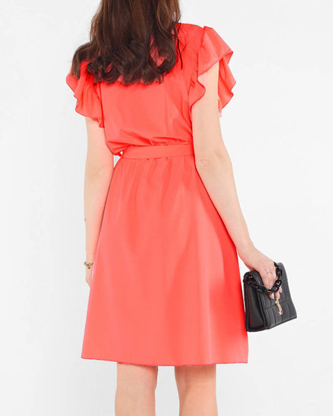 Neon coral women's mini dress with a tie - Clothing