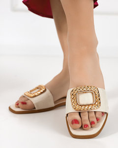 OUTLET Beige women's eco-suede flip-flops with gold buckle Lozi- Footwear