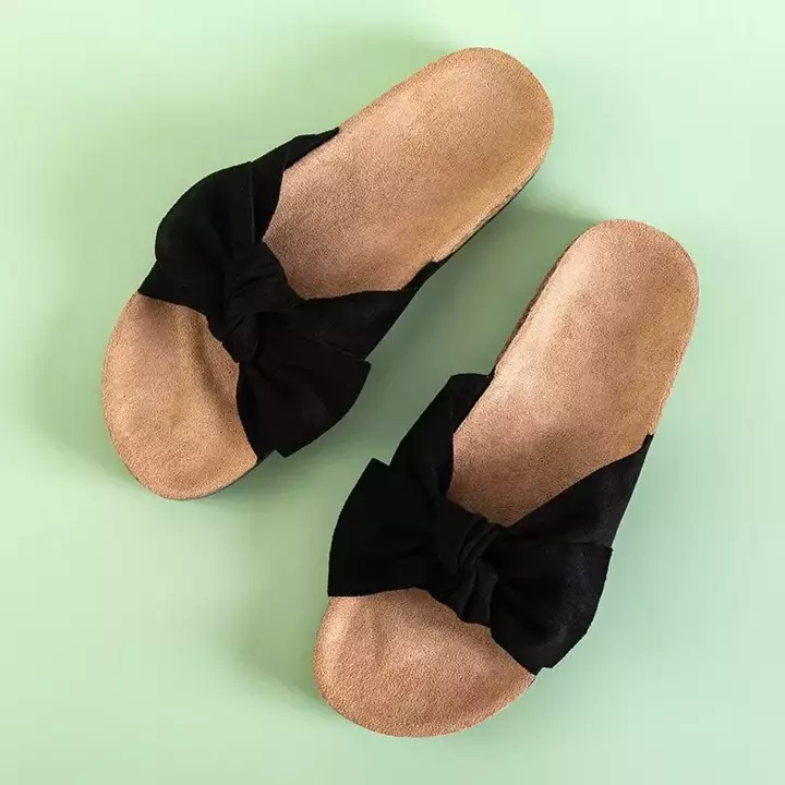 OUTLET Black women's slippers with a Sun and Fun bow - Footwear
