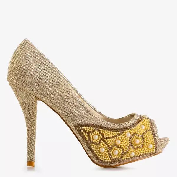 OUTLET Gold women's shiny high heels with cubic zirconia and pearls Mira - Footwear