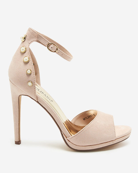 OUTLET Ladies' beige sandals on a high heel, eco suede Sariel - Footwear