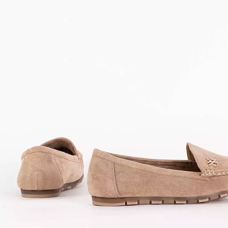 OUTLET Light brown women's eco-suede moccasins with Pixila decoration - Footwear