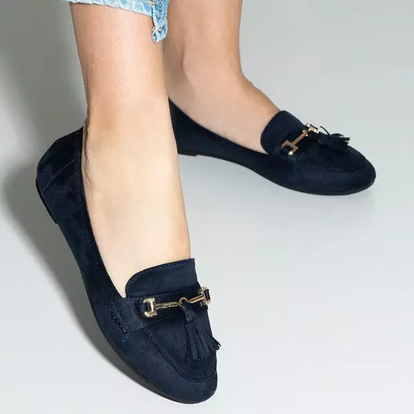 OUTLET Navy blue women's eco-suede moccasins with Catriona fringes - Footwear
