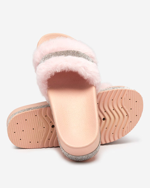 OUTLET Pink women's flip-flops with fur and zircons Zerika - Footwear