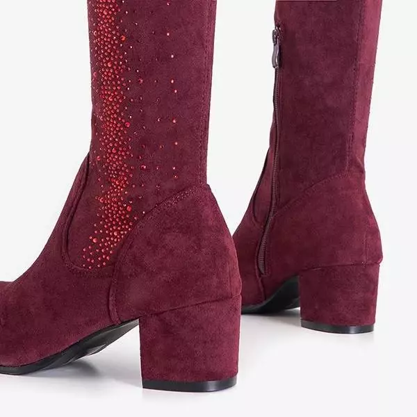 OUTLET Women's burgundy over-the-knee boots with cubic zirconia Scarlett - Footwear