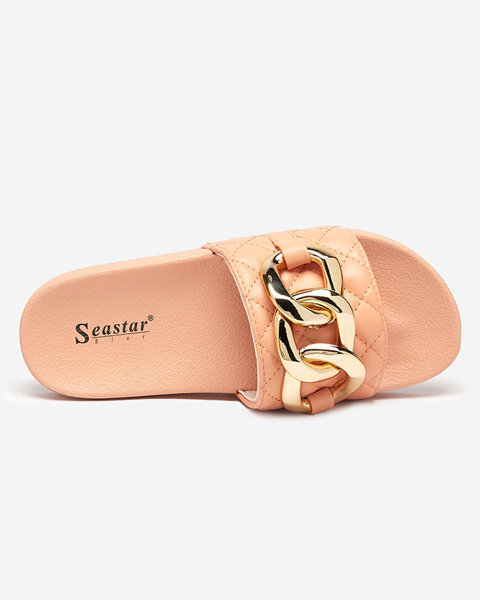 OUTLET Women's coral quilted slippers with a gold chain Eteris - Footwear