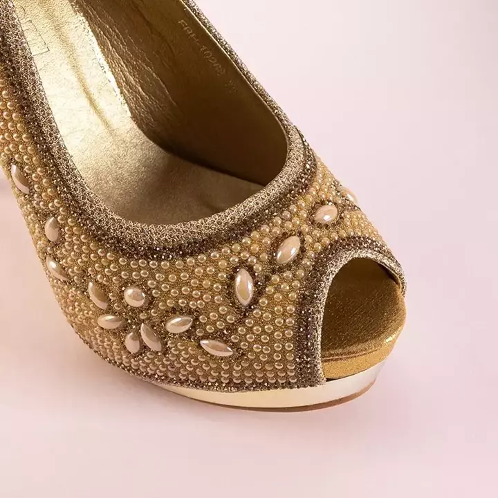 OUTLET Women's gold brocade stiletto pumps with ornaments Ansia - Footwear