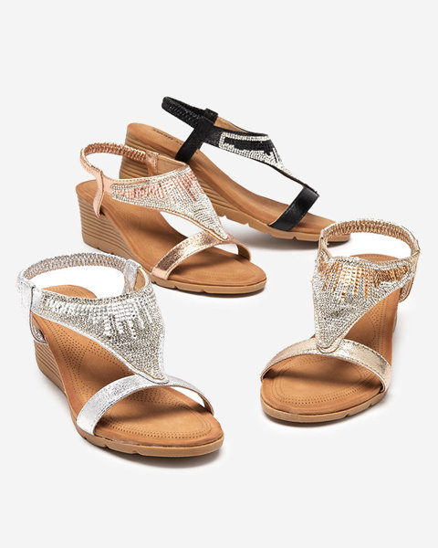 OUTLET Women's sandals with zircons on a wedge heel in pink and gold Serrifo- Shoes