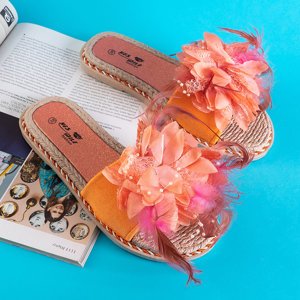 Orange women's slippers with a flower Massima - Footwear