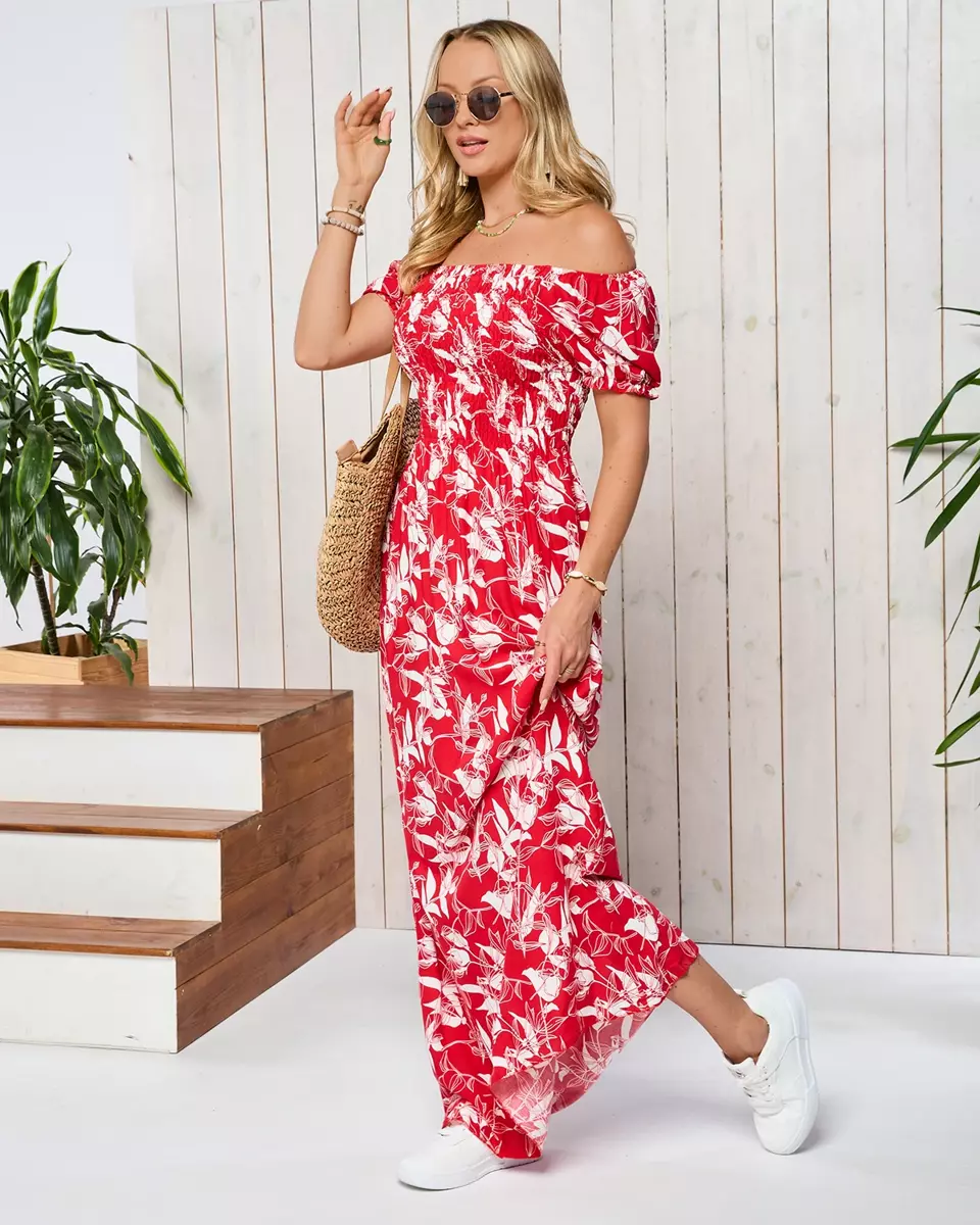 Red and white women's maxi dress with print- Clothing