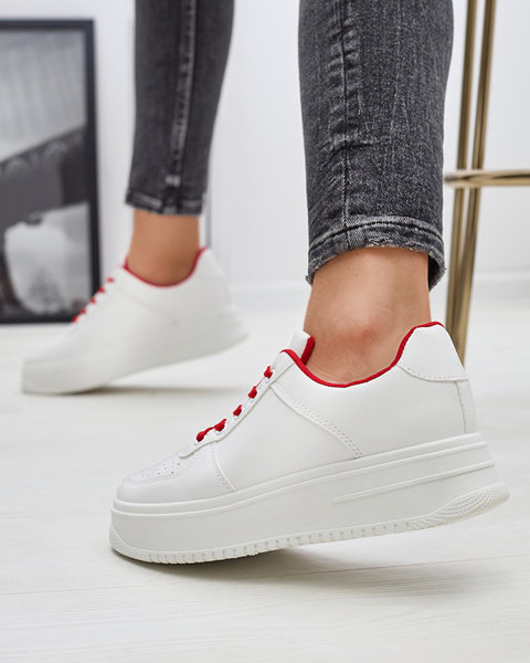 White women's sports sneakers with red laces Smaffo- Footwear