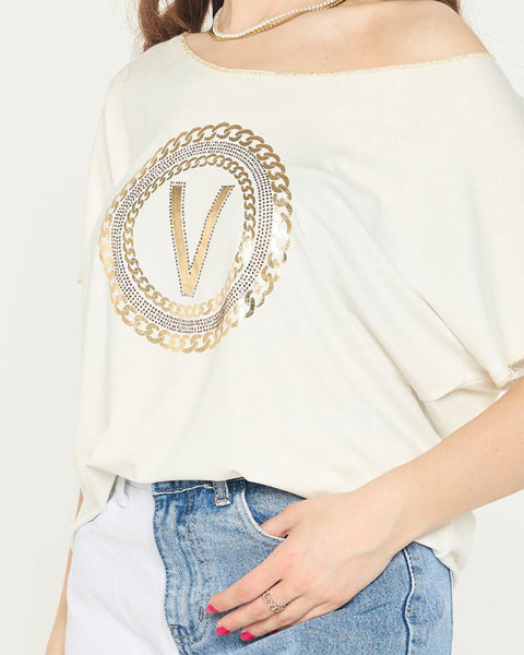 White women's t-shirt with gold print and cubic zirconia - Clothing