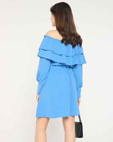 Women's Blue Short Dress with Ruffles- Clothing