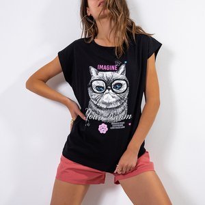 Women's black cotton t-shirt with a print - Clothing