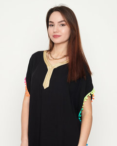 Women's black summer beach tunic with pompoms - Clothing
