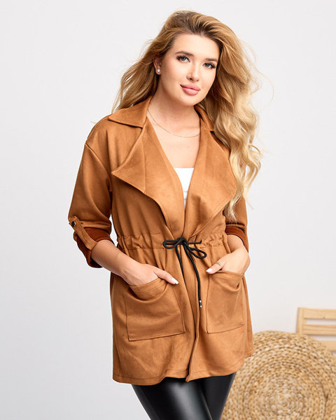 Women's eco-suede camel cape jacket with a tie at the waist - Clothing